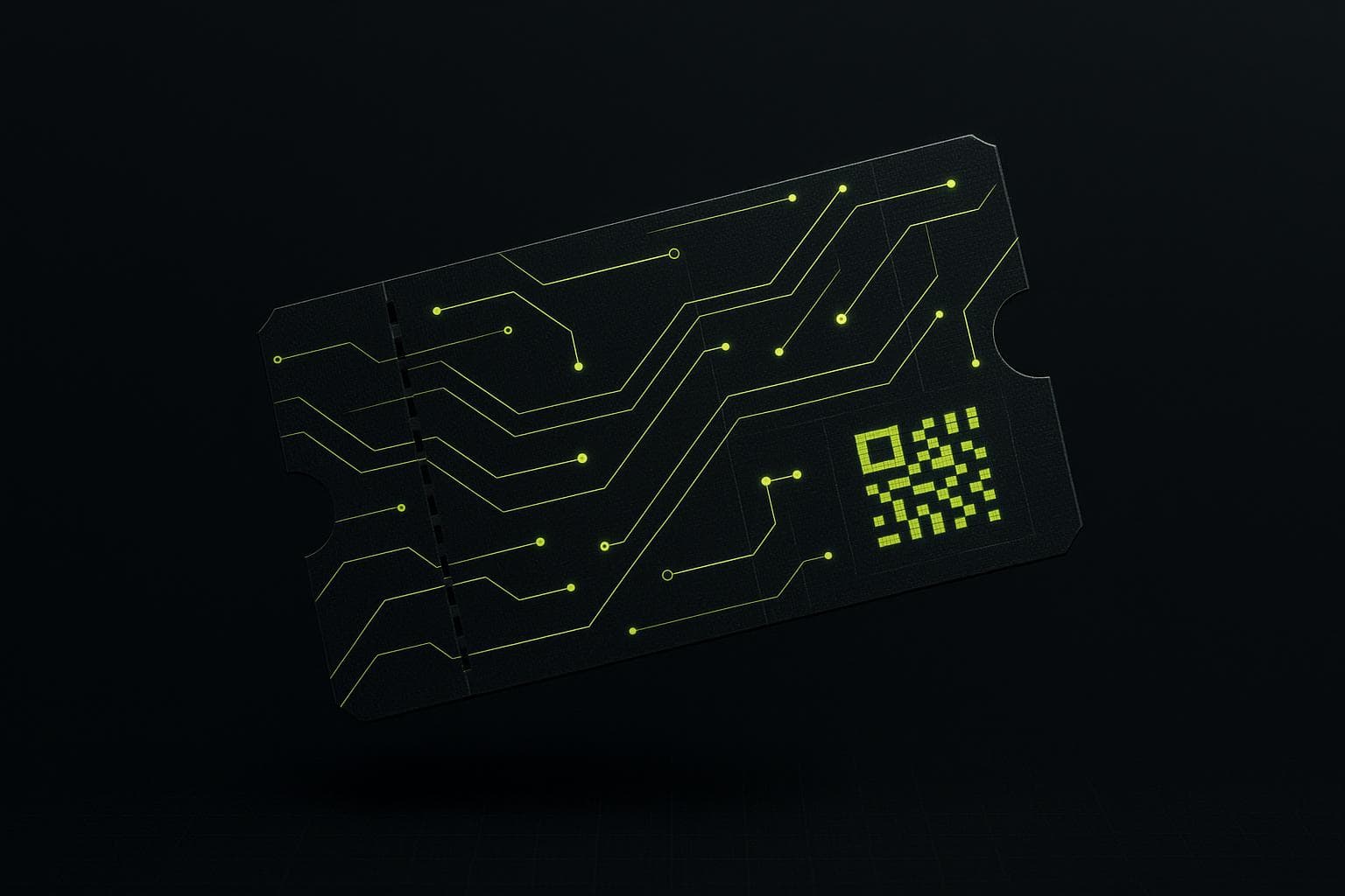 A digital voucher ticket with circuit traces and a QR code